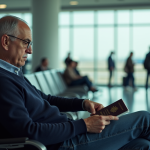 Passeport vaccinal obligatoire pour voyager : bientôt la fin ? Homme d'âge moyen assis à l'aéroport avec passeport et carte de vaccination