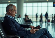 Passeport vaccinal obligatoire pour voyager : bientôt la fin ? Homme d'âge moyen assis à l'aéroport avec passeport et carte de vaccination