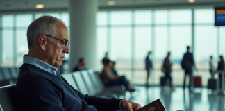 Passeport vaccinal obligatoire pour voyager : bientôt la fin ? Homme d'âge moyen assis à l'aéroport avec passeport et carte de vaccination