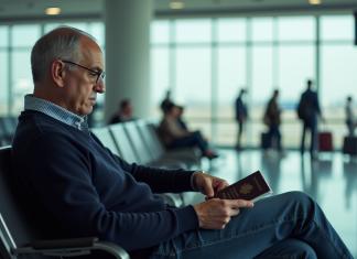 Passeport vaccinal obligatoire pour voyager : bientôt la fin ? Homme d'âge moyen assis à l'aéroport avec passeport et carte de vaccination