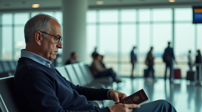 Passeport vaccinal obligatoire pour voyager : bientôt la fin ? Homme d'âge moyen assis à l'aéroport avec passeport et carte de vaccination