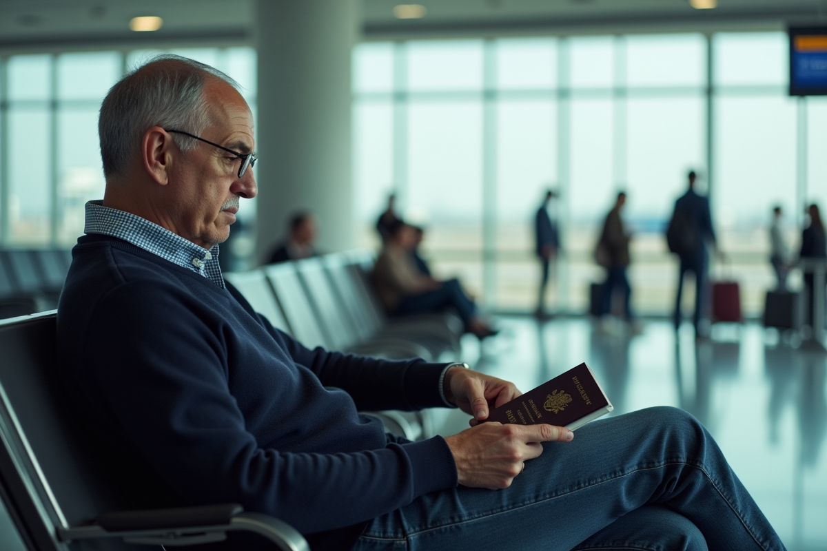 Homme d'âge moyen assis à l'aéroport avec passeport et carte de vaccination