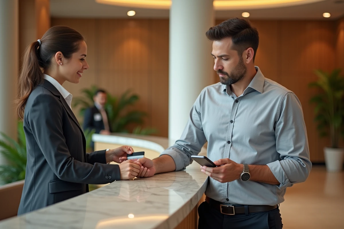 Homme d'affaires enregistrant son arrivée dans un hôtel lors d'un voyage professionnel avec carte de crédit corporate