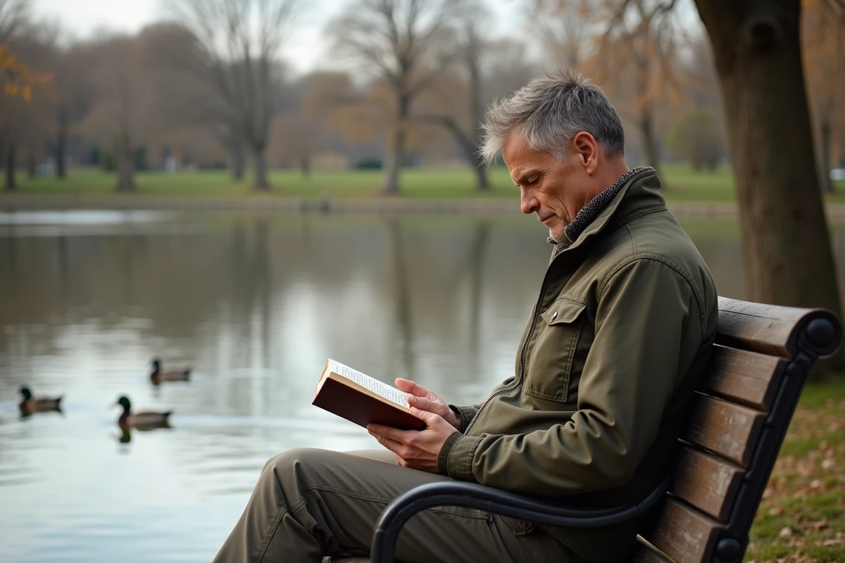 Homme lisant sur un banc au bord du lac de Corona Park à Queens, dans une atmosphère paisible et loin de l'agitation de New York