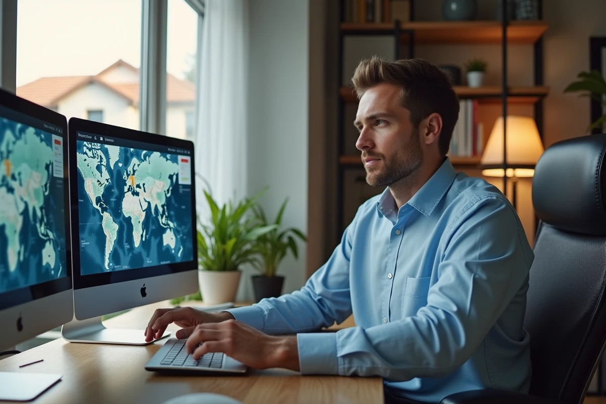 Homme en costume regardant un site de suivi de vols en ligne