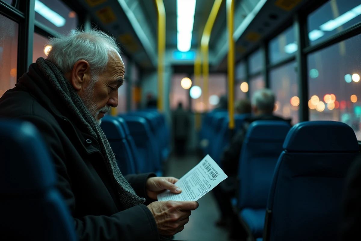 Homme &acirc;g&eacute; lisant son ticket dans un bus de nuit