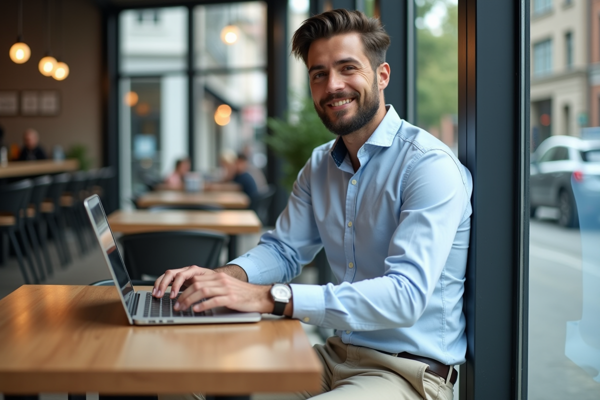 Homme travaillant dans un café moderne avec vue urbaine