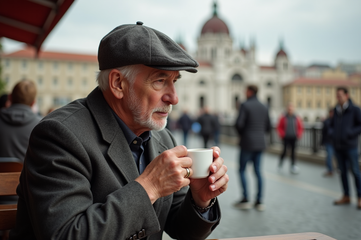 Homme sirotant un café devant la basilique Saint-Étienne