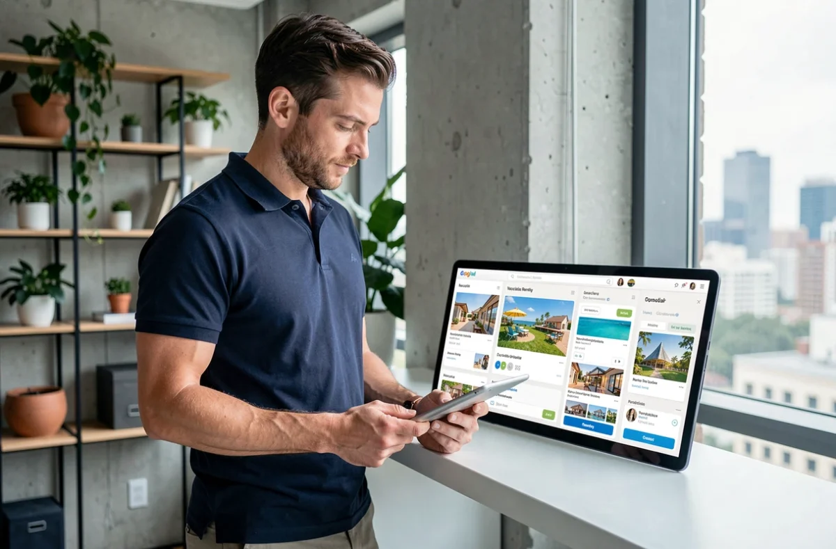 Homme comparant des plateformes de location de vacances alternatives à Locasun sur une tablette dans un espace de travail moderne