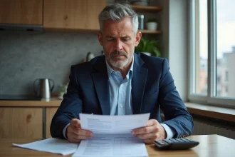 Homme d'âge moyen en costume bleu étudiant un formulaire de vol
