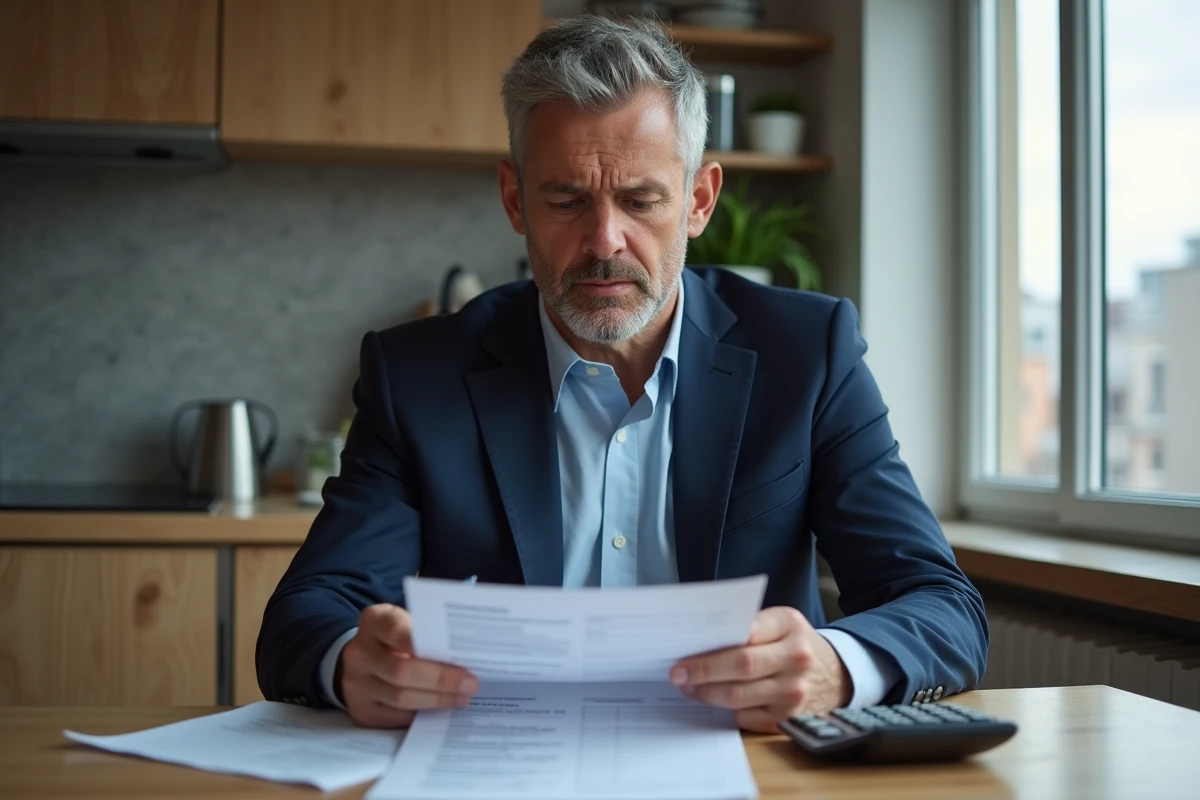 Homme d'âge moyen en costume bleu étudiant un formulaire de vol
