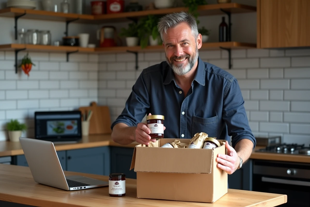 Homme déballant une commande de produits du Pays Basque achetés sur Merkatu.fr dans sa cuisine