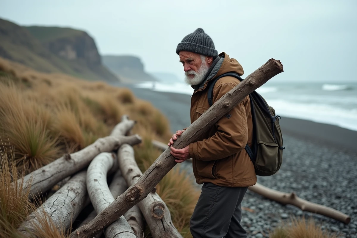 Homme âgé tenant un bois flotté sur la côte sauvage