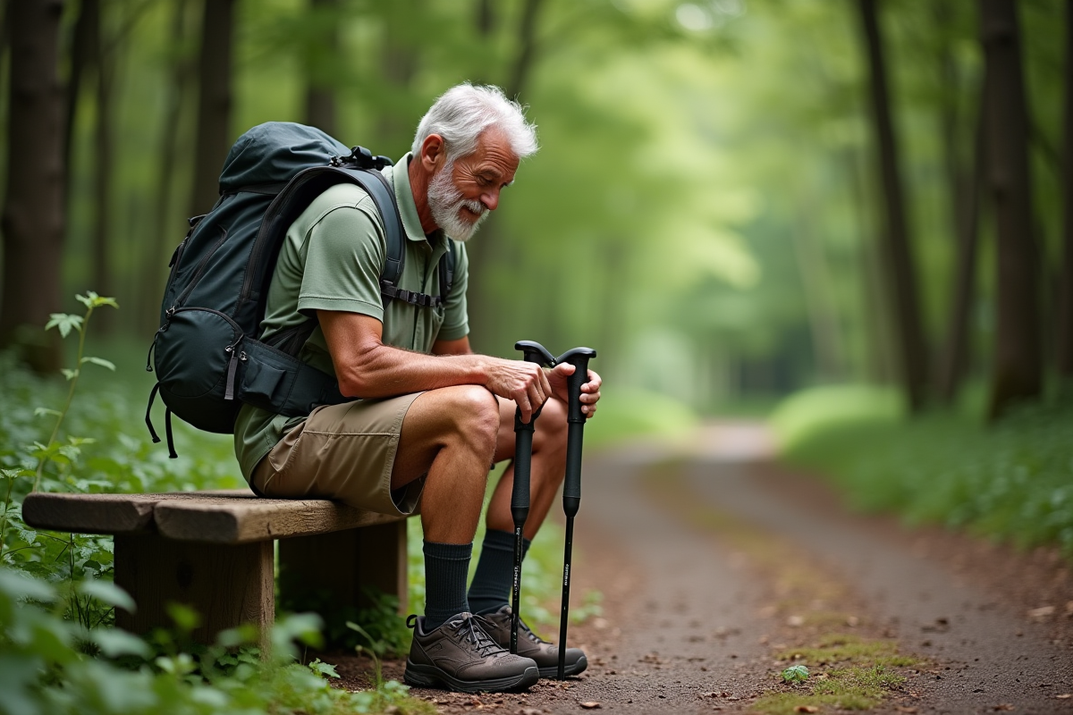 Homme âgé vérifiant ses bâtons de marche dans la forêt