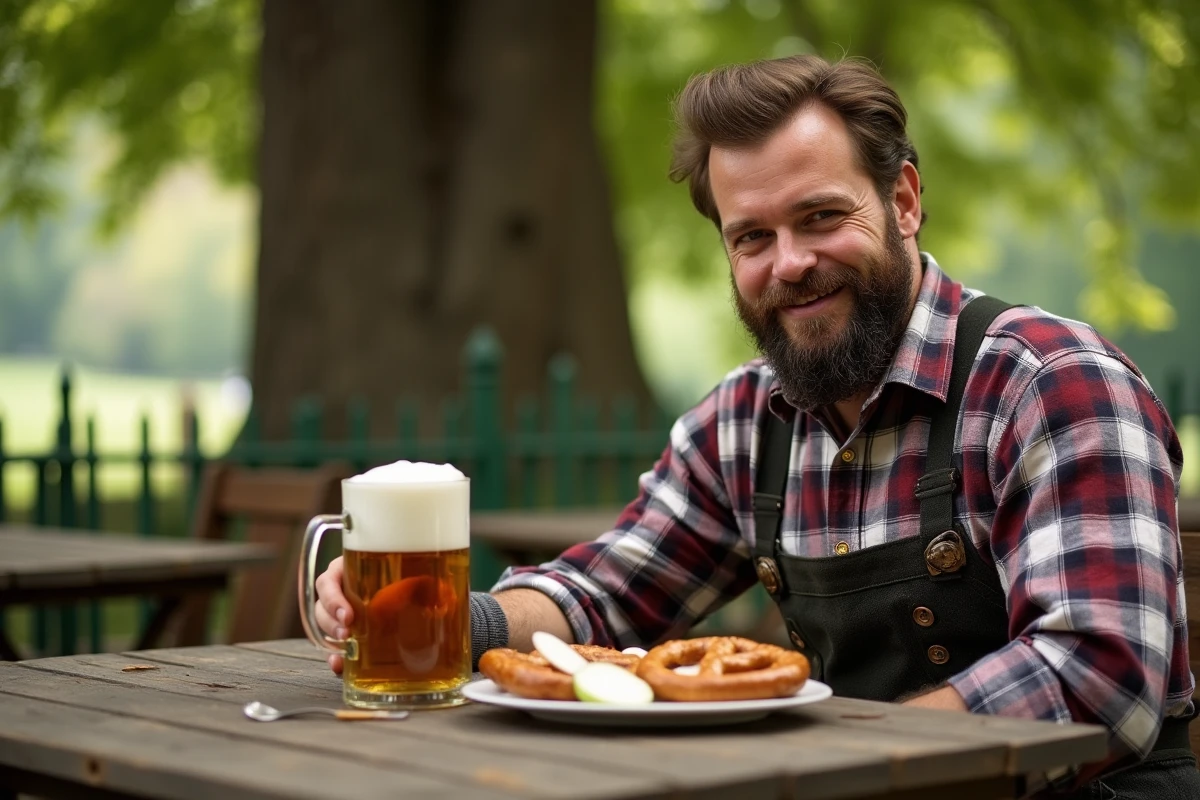 Homme en lederhosen bavarois traditionnel attablé dans un biergarten rustique avec chope en céramique et bretzels typiques de la culture bavaroise