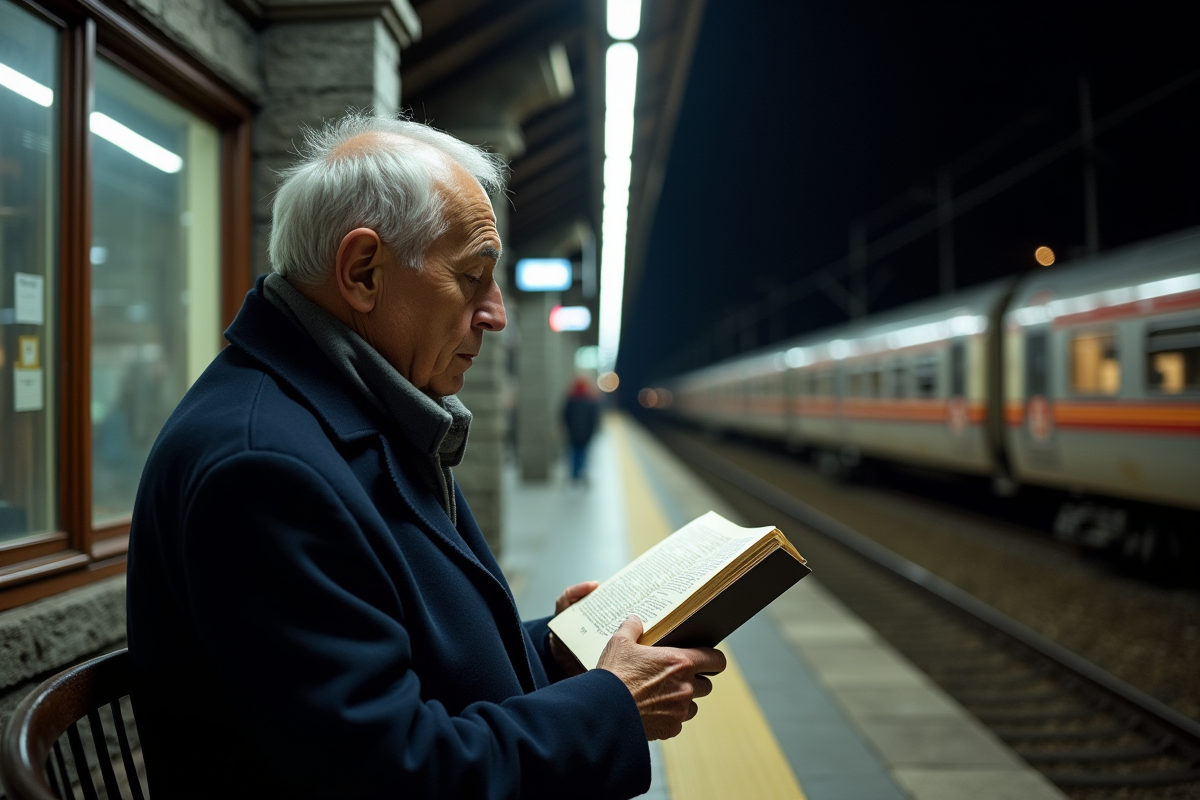 Homme âgé lisant un livre sur une plateforme italienne la nuit