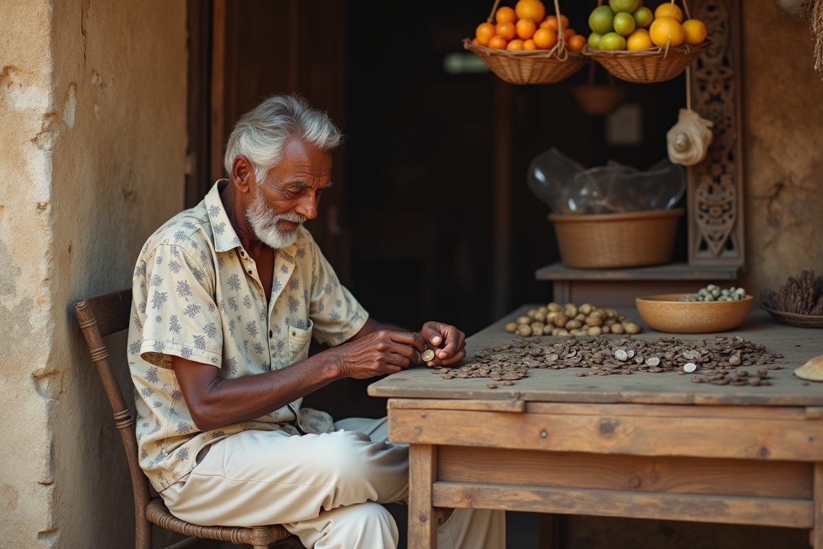 Homme âgé comptant des pièces au marché Zanzibar