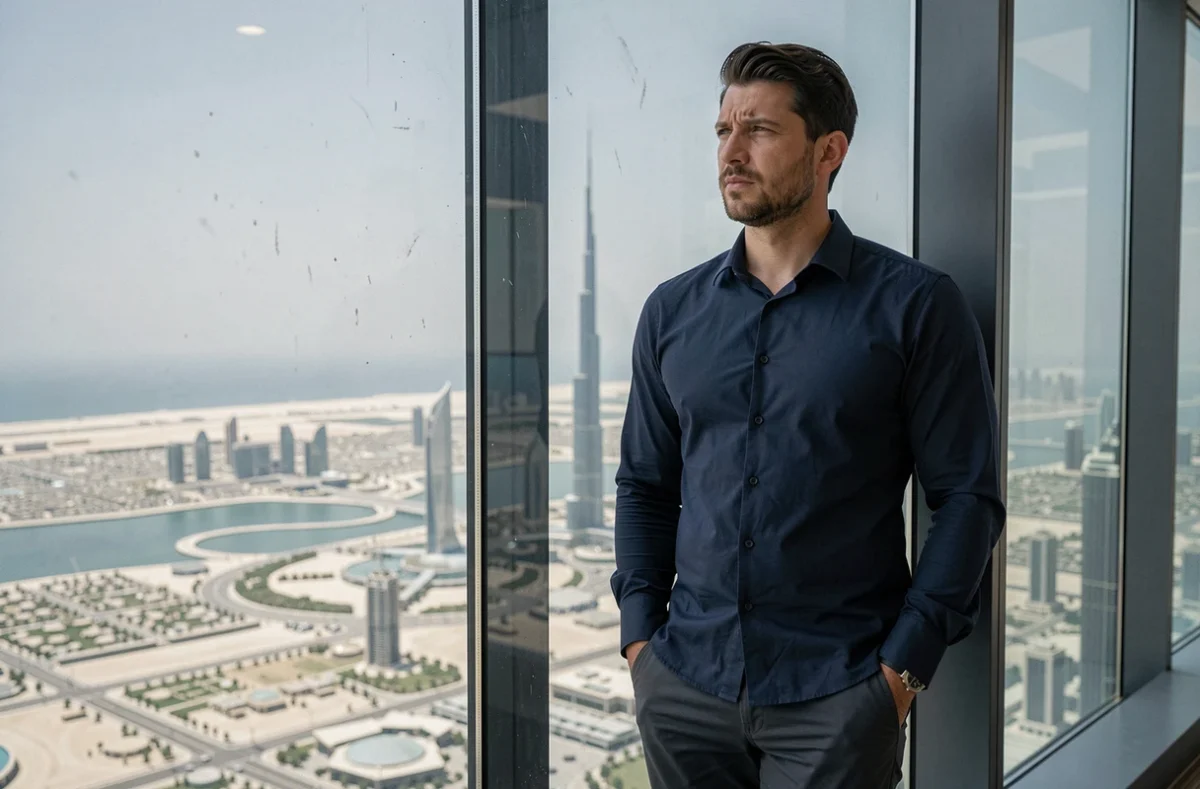 Homme admirant la vue depuis l'observatoire At the Top du Burj Khalifa à Dubaï