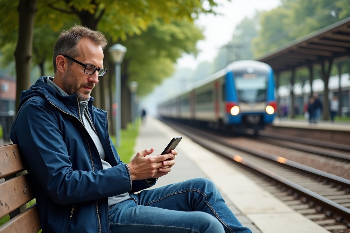 Homme utilisant son smartphone pour acheter un pass Eurail en plein air