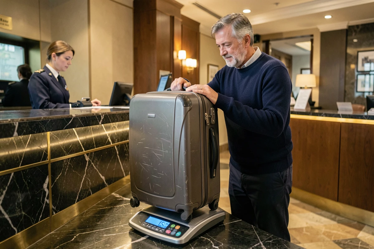 Homme pesant une valise 15 kg sur une balance à l'enregistrement d'un hôtel