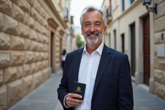 Homme méditerranéen avec passeport Gibraltar en extérieur