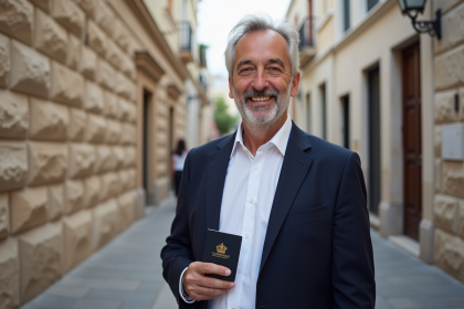 Homme méditerranéen avec passeport Gibraltar en extérieur