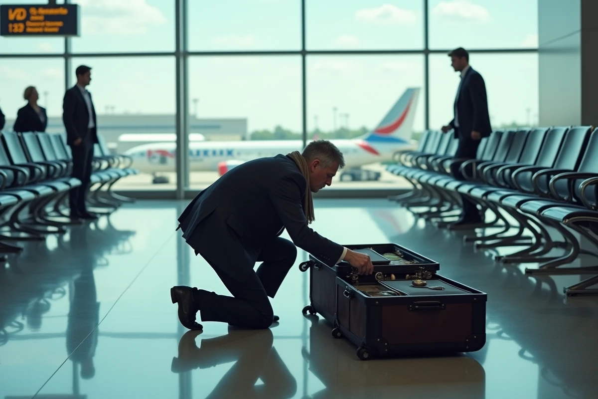 Homme en déplacement ajustant sa valise à la porte d