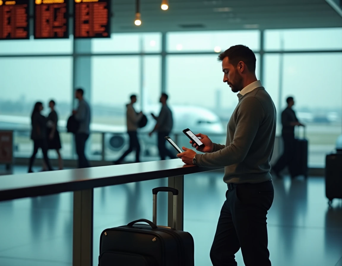 Homme recherchant des vols avec miles sur smartphone dans un a&eacute;roport international