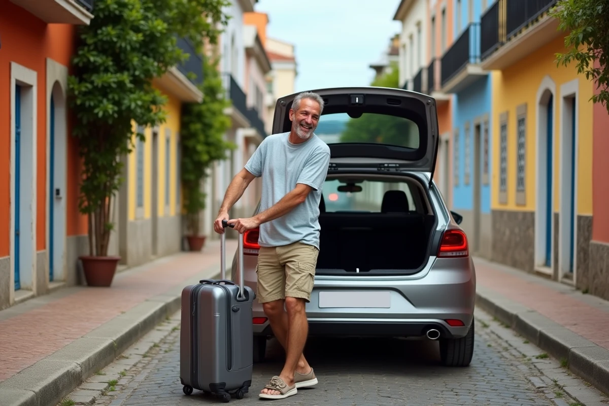 Homme riant chargeant une voiture de location à Funchal