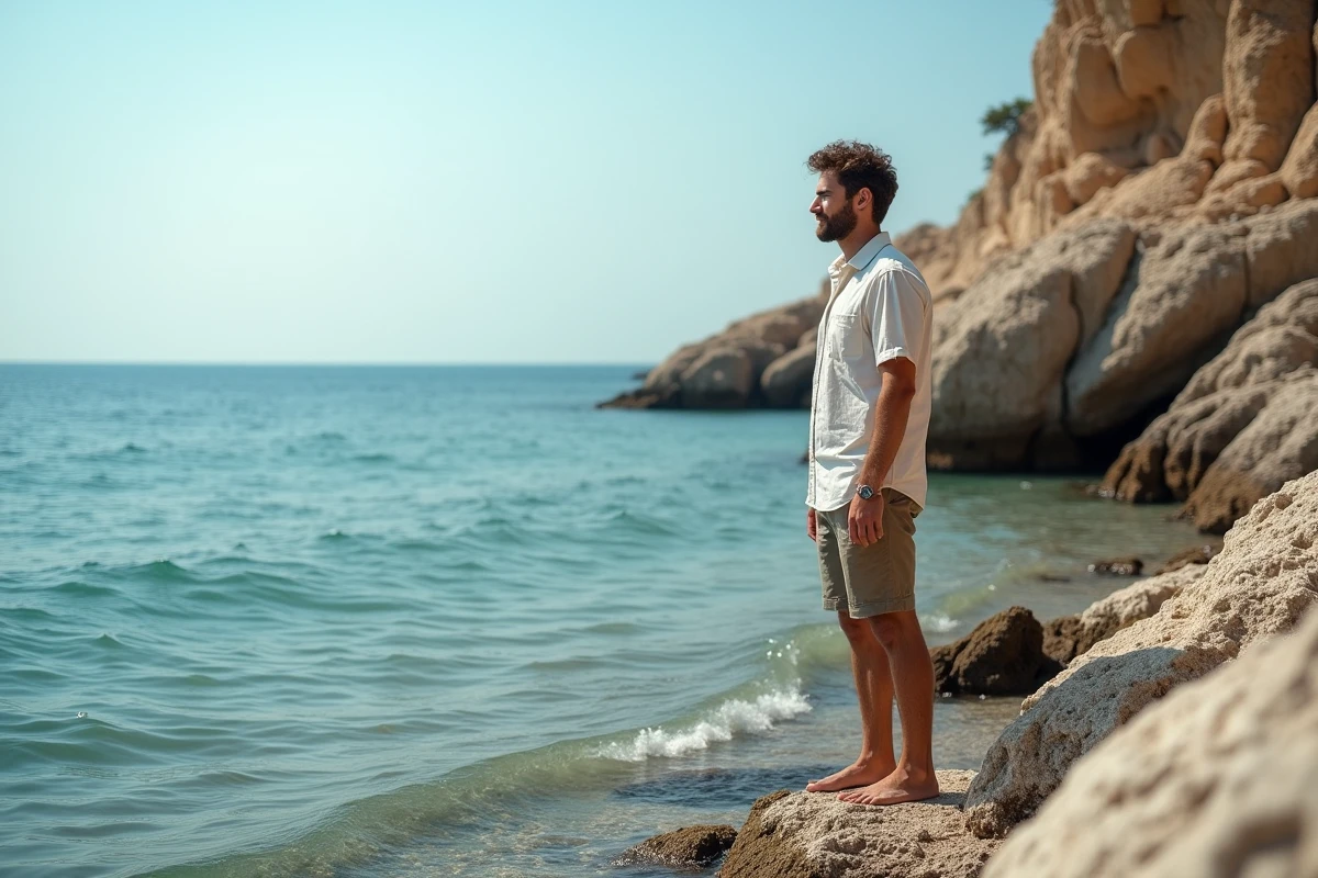 Homme contemplant la mer depuis un rivage rocheux méditerranéen lors d'un séjour de week-end