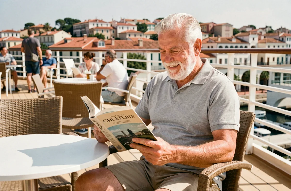 Homme senior seul lisant un livre en terrasse sur le pont d'un navire de croisière avec vue sur un port méditerranéen