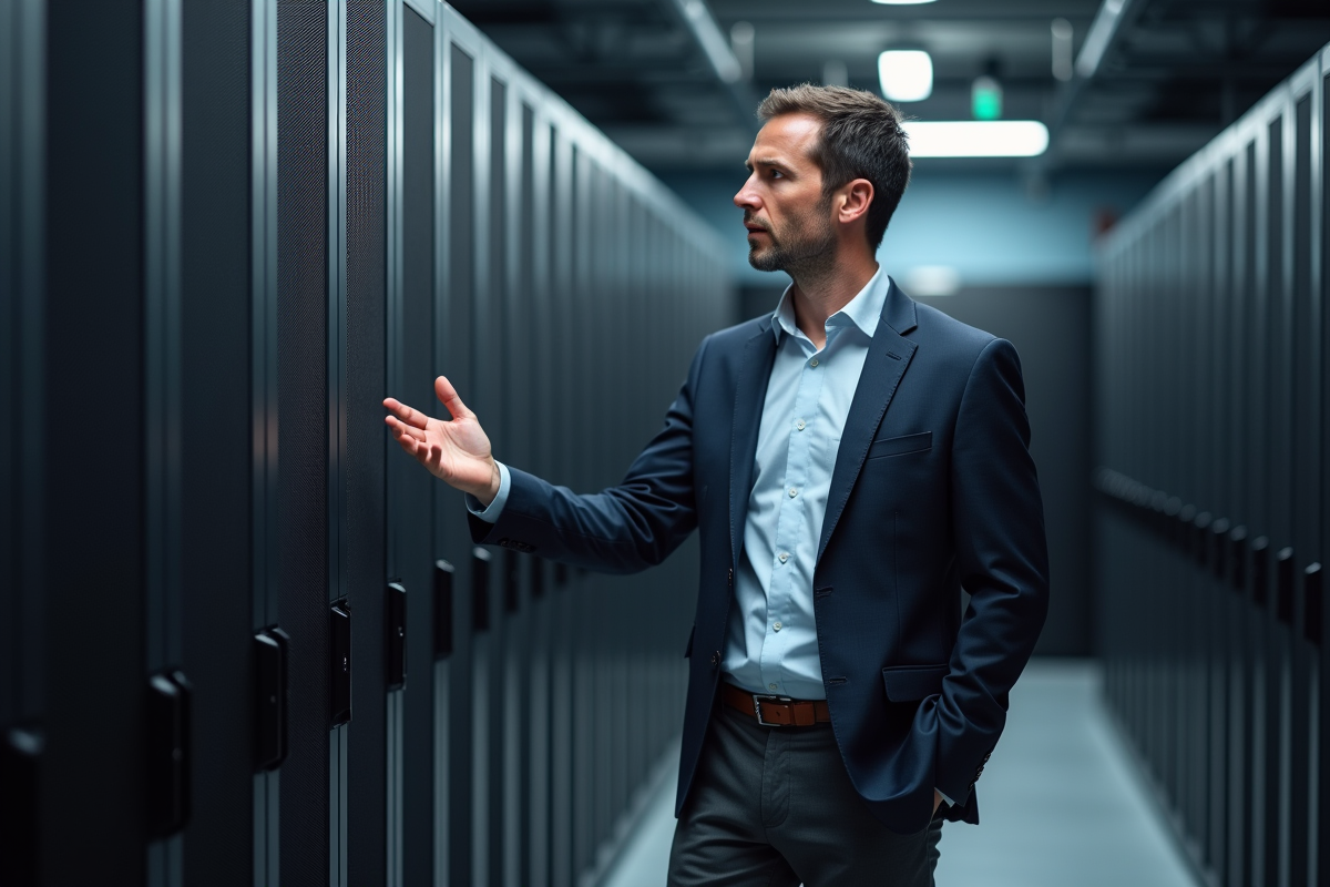 Homme expliquant un serveur dans un centre de données professionnel
