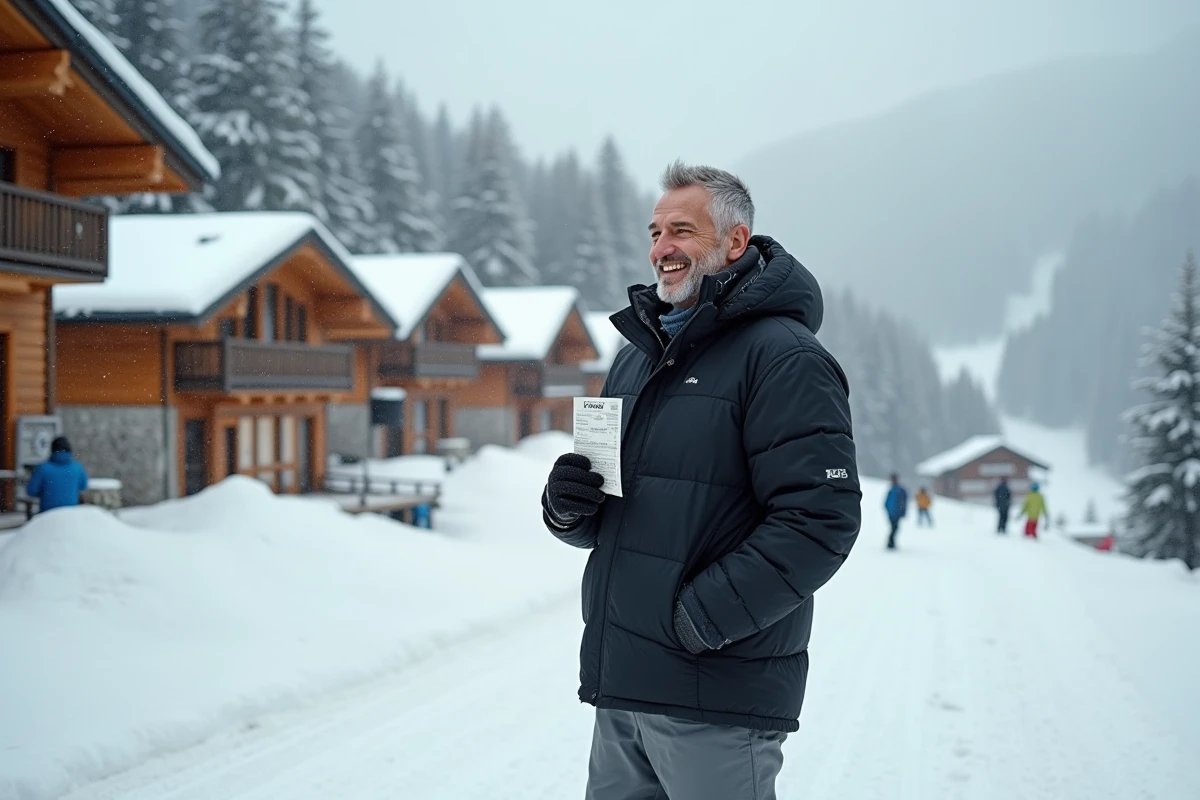 Homme dans un resort de ski regardant les pistes enneigees