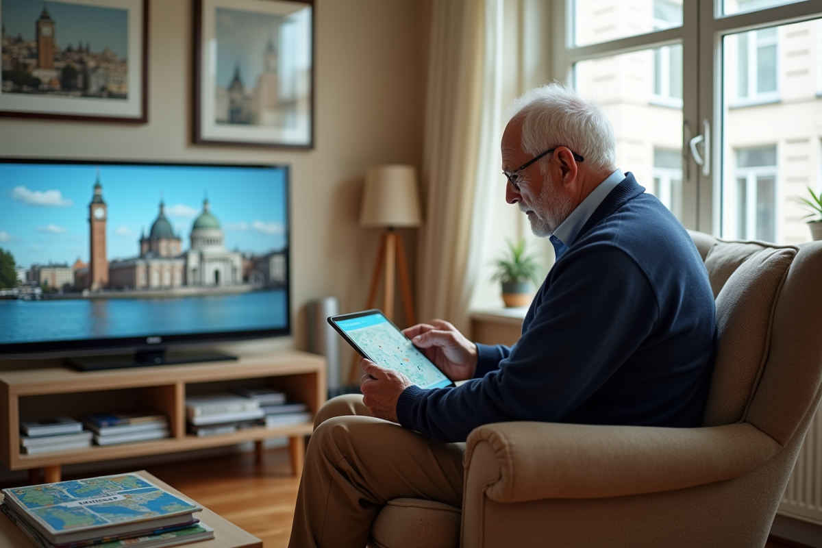 Homme âgé utilise une tablette pour découvrir une ville virtuelle