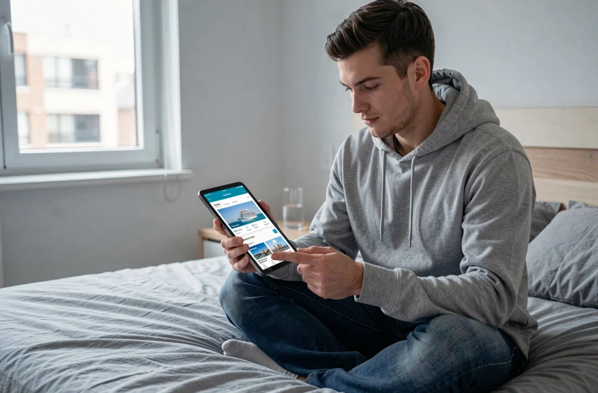 Jeune homme cherchant des promotions de croisières sur une tablette depuis son appartement
