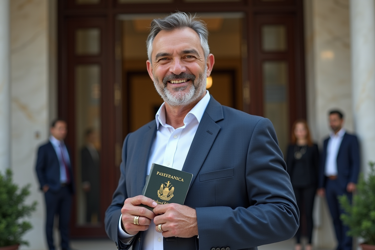 Homme souriant tenant son visa Kenya devant l