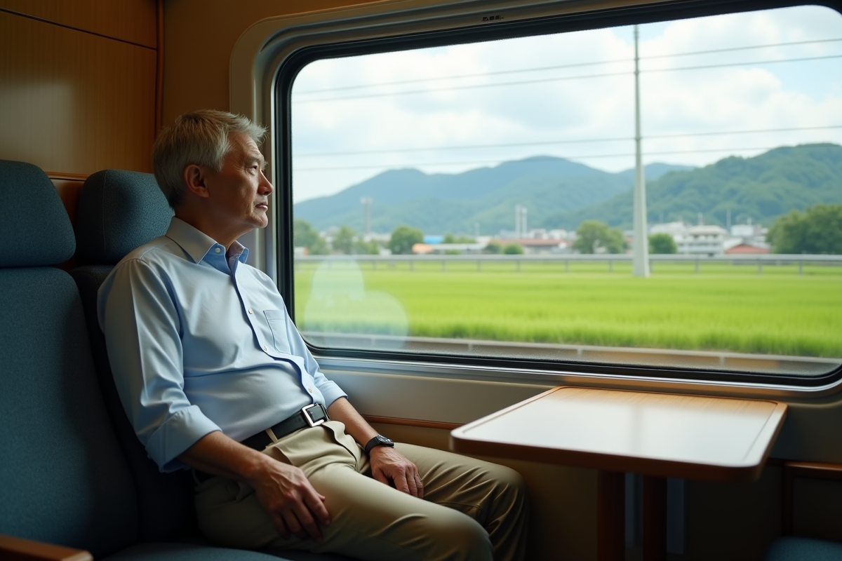 Homme en train regardant la campagne japonaise par la fenêtre