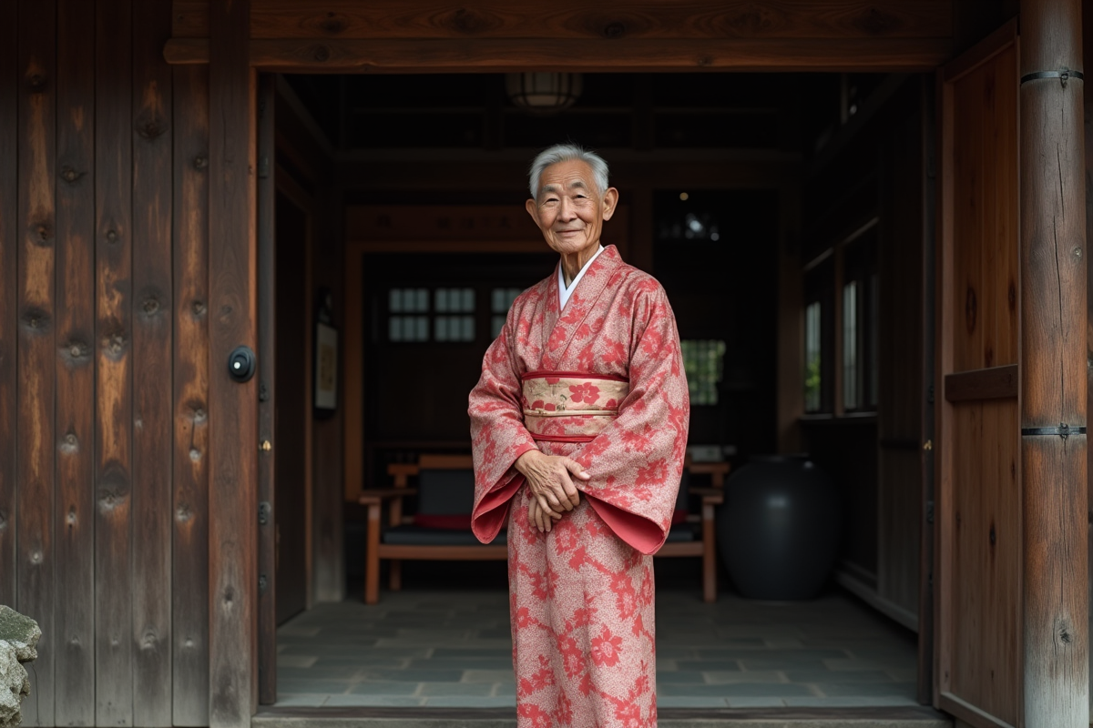 Hôte japonais en kimono à l'entrée d'une auberge ancienne