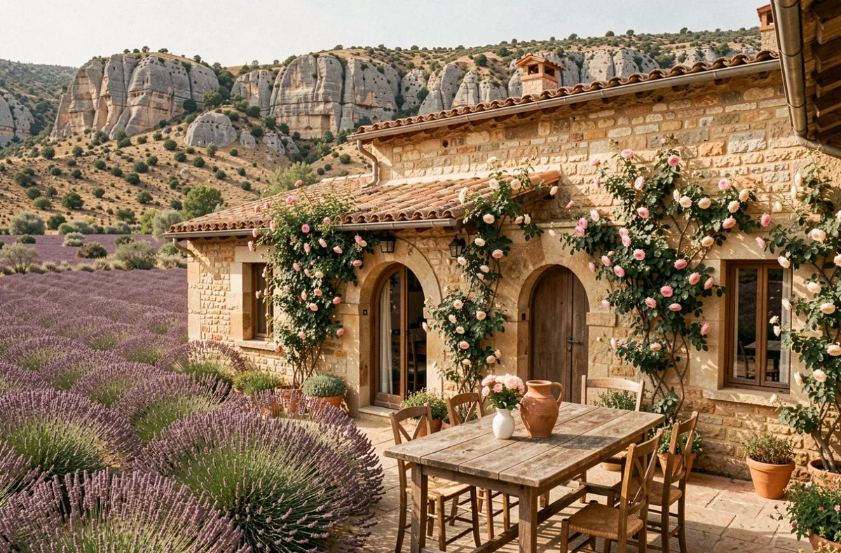 Mas en pierre provençal de l'Hôtel La Bégude Saint Pierre entouré de lavande et de garrigue près du Pont du Gard