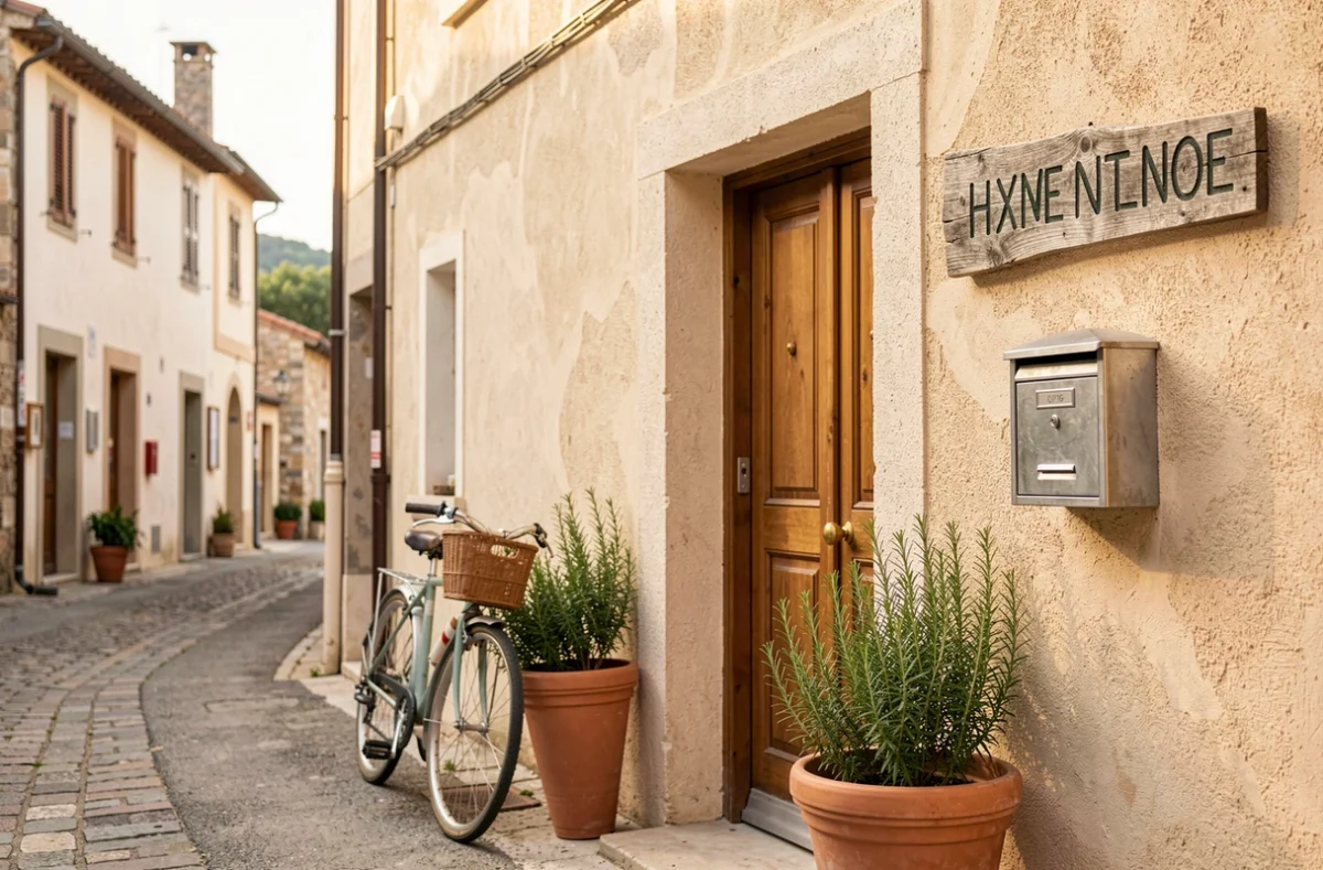 Entrée accueillante de l'Hôtel La Belle Vie dans un village gardois avec porte en bois, plantes aromatiques et bicyclette