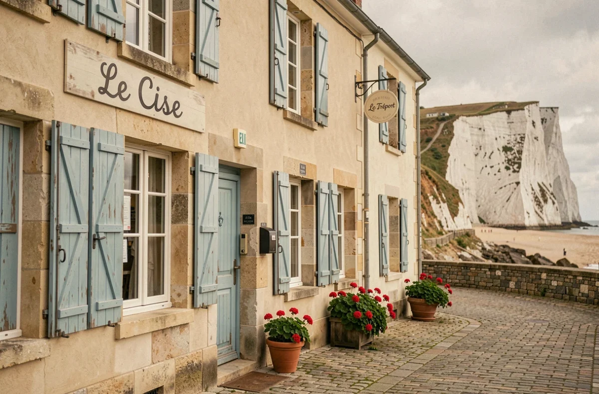 Façade de l'Hôtel Le Cise au Tréport avec ses volets bleus, des géraniums en pot et les falaises de craie blanche caractéristiques en arrière-plan