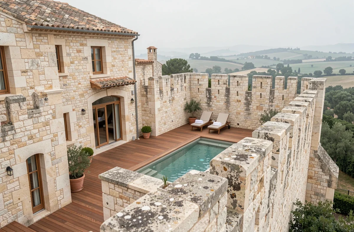 Terrasse spa adossée aux remparts médiévaux en pierre calcaire de l'Hôtel des Remparts et Spa dans le Gard