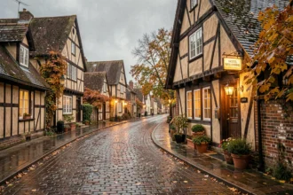 Vue d'ensemble d'une rue normande typique avec des façades à colombages et une entrée d'hôtel accueillante, illustrant le thème des hôtels pas chers en Normandie