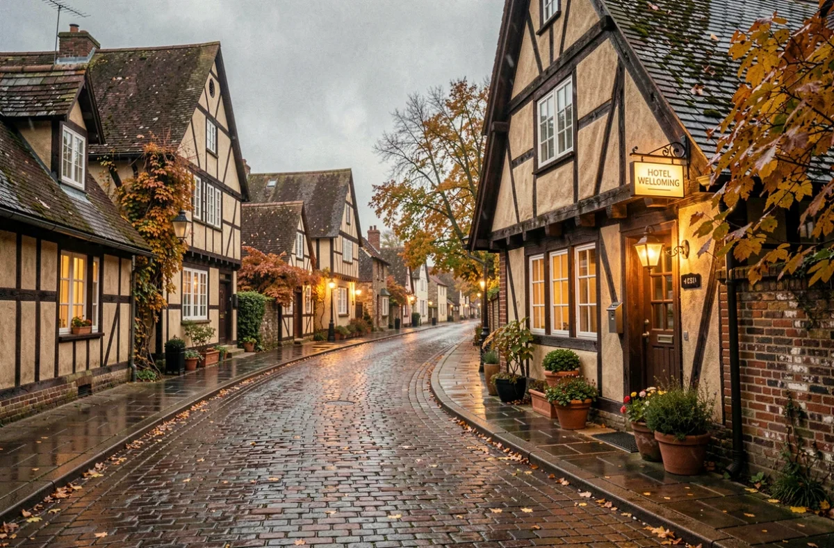 Vue d'ensemble d'une rue normande typique avec des façades à colombages et une entrée d'hôtel accueillante, illustrant le thème des hôtels pas chers en Normandie