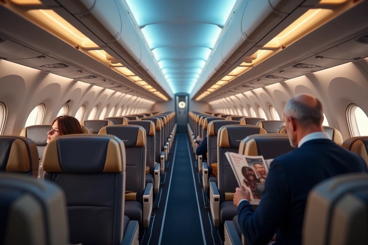 Intérieur de cabine Economy d'Etihad Airways avec passager lisant un magazine de développement durable et écrans affichant des données environnementales