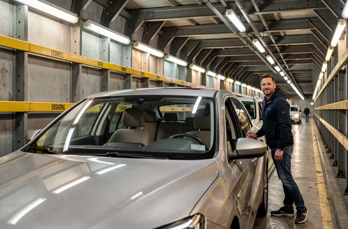Intérieur du wagon Eurotunnel avec une voiture garée et son conducteur se dégourdit les jambes sous la Manche