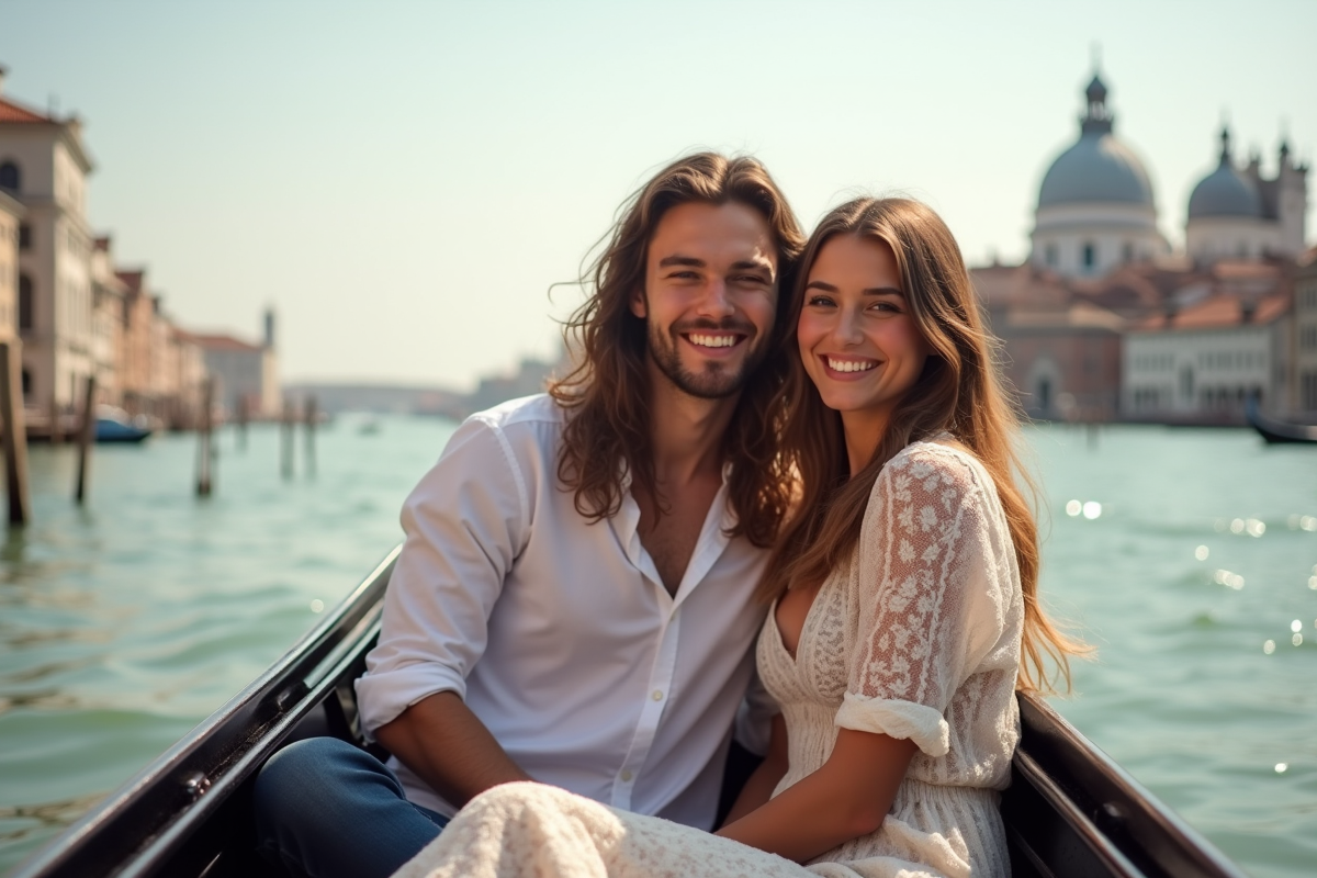 Jeune couple souriant dans une gondola au fil de l