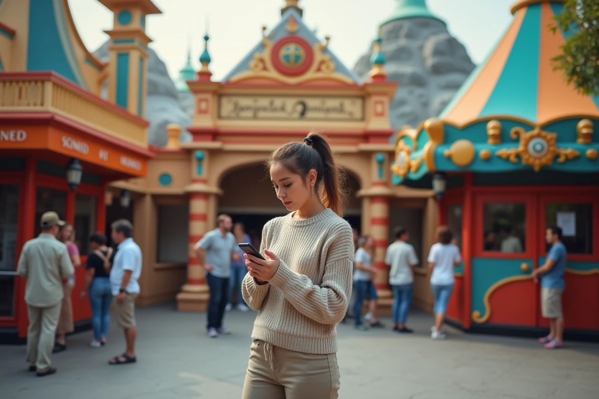 Jeune femme vérifiant son téléphone devant une attraction