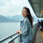 Jeune femme debout sur un ferry en mer au Japon
