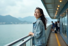 Jeune femme debout sur un ferry en mer au Japon